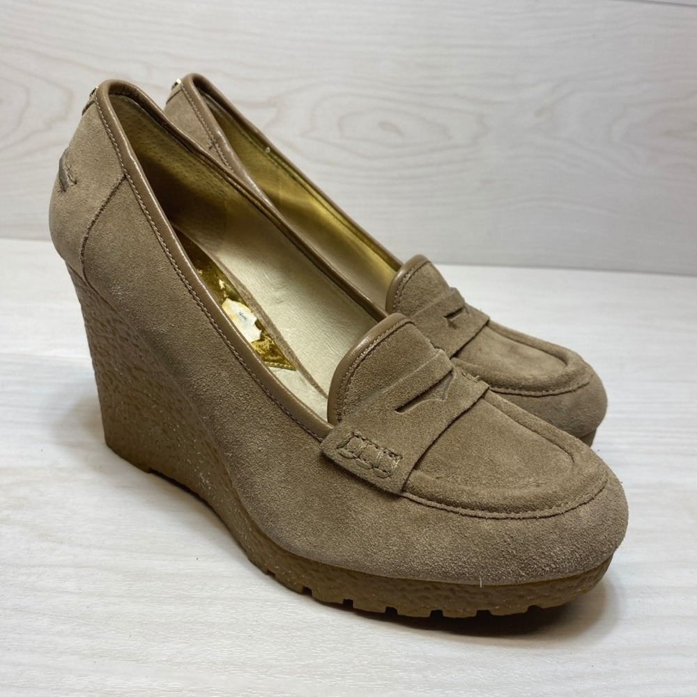 Michael Michael Kors Tan Suede Penny Loafer Wedge Heels Lug Sole Womens 7.5M